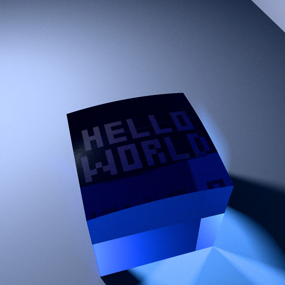 Path-traced Royal Ceylon Sapphire crystal cube displaying HELLO WORLD in frosted Voronoi facets on its top face