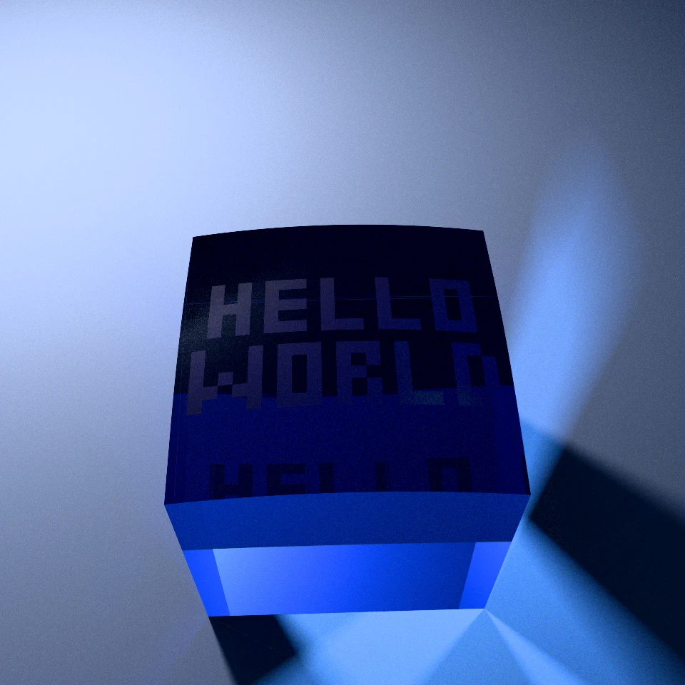 Overhead path-traced Royal Ceylon Sapphire crystal cube showing frosted microfacet scattering on the 101 HELLO WORLD Voronoi facets and deep internal sapphire reflections