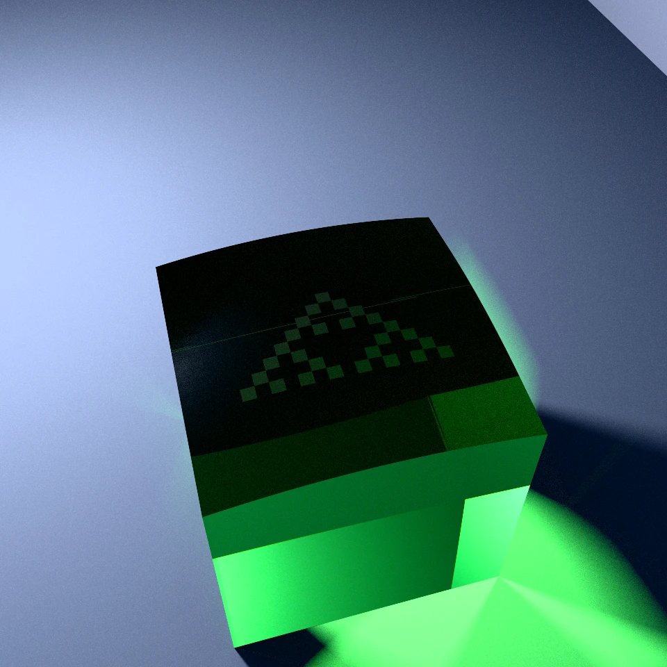 Path-traced Colombian Emerald RI 1.58 crystal cube displaying an 8-generation Rule-90 Sierpinski triangle fractal in 27 frosted Voronoi facets with green floor caustics