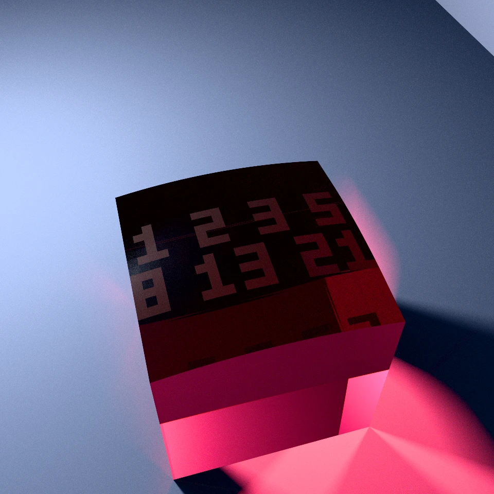Path-traced Pigeon-Blood Ruby RI 1.76 crystal cube displaying 1 2 3 5 and 8 13 21 computed via iterative Fibonacci and repeated-subtraction divmod 10 in Brainfuck