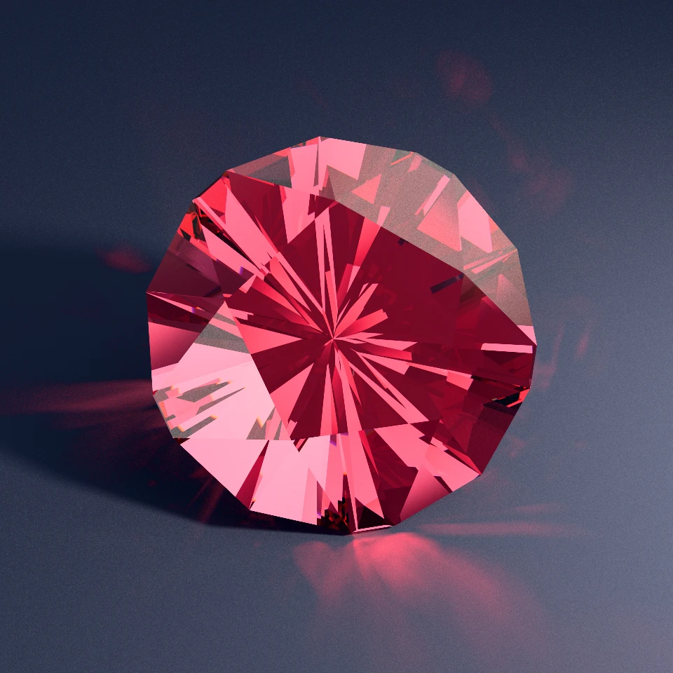 Path-traced Mahenge-magenta Spinel Showcase design Glacial Whisper 286 resting on a dark studio slate with five-fold rose caustics