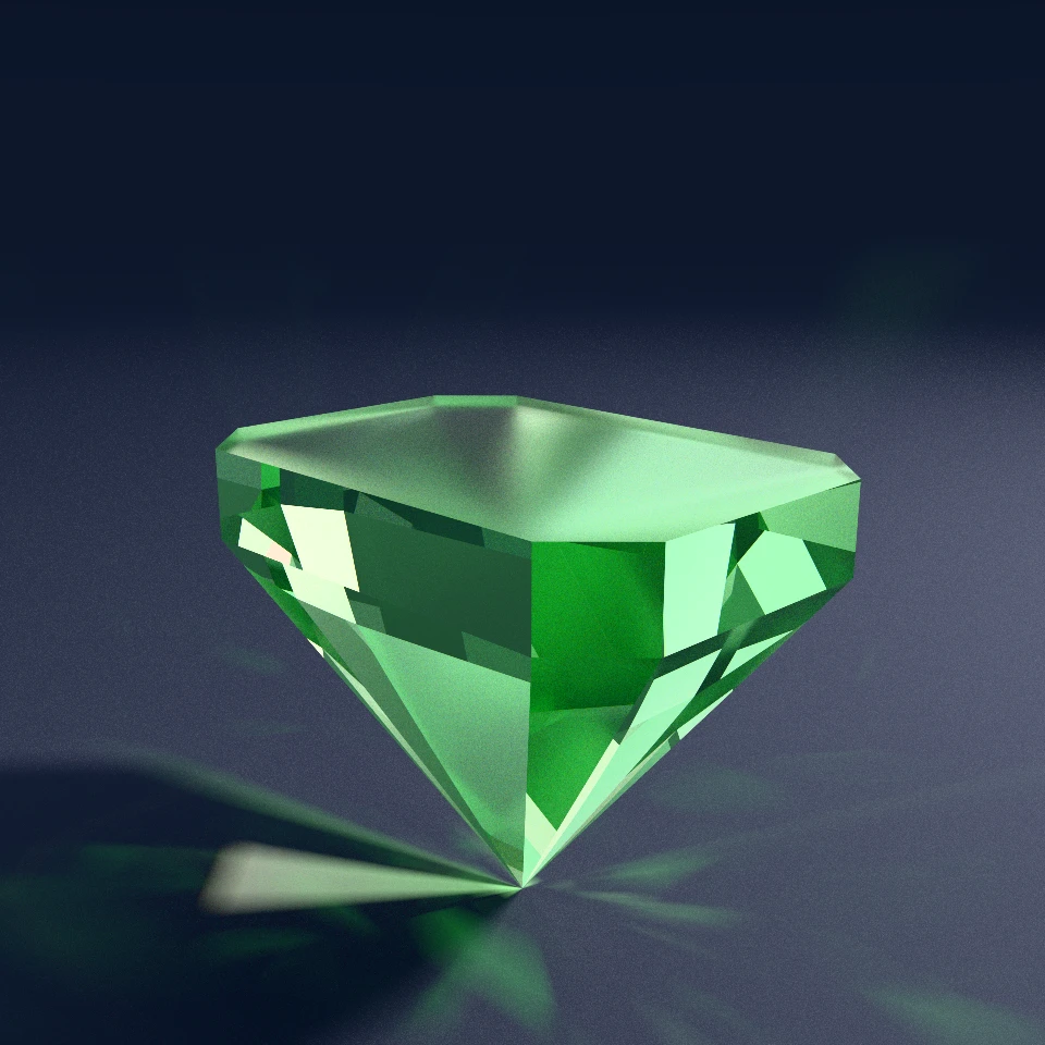 Three-quarter studio BDPT render of Stage 1 showing frosted sawn crown blank, polished 90-degree emerald-octagon girdle, and steep 62-degree sacrificial PF1 to PF3 centerpoint cone