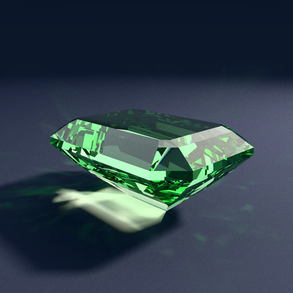 Three-quarter studio BDPT render of Stage 3 showing the finished Colombian-green emerald step cut after transferring and polishing the crown steps and table