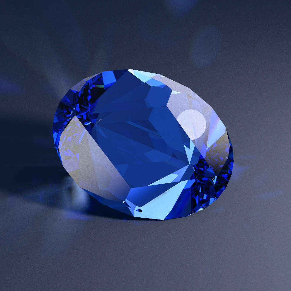 Path-traced Royal Ceylon Blue Showcase Oval gemstone Celestial Flare 416 resting on dark slate