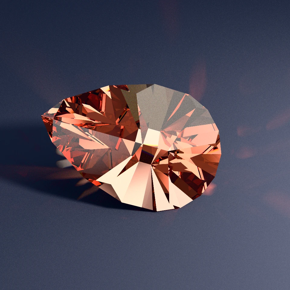 Path-traced Sunset Padparadscha orange-pink Sapphire Pear brilliant showing seamless pointed tip and rounded cap