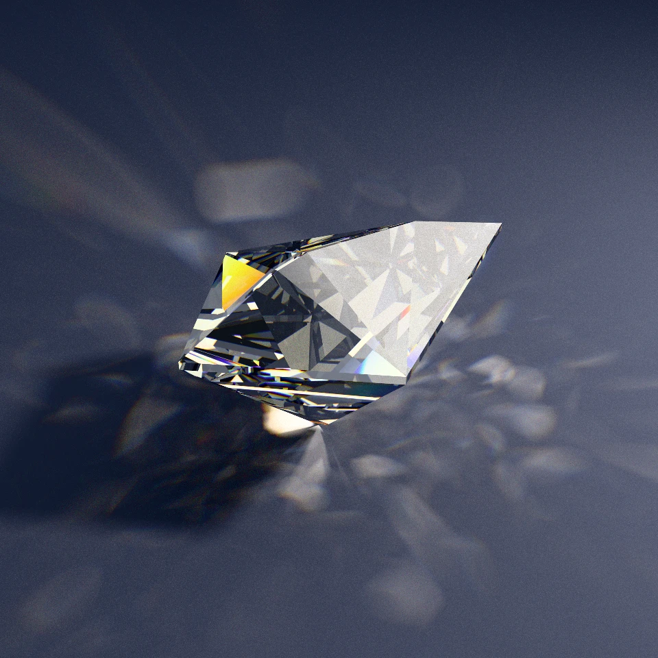 Path-traced colorless RI 2.42 Diamond asymmetric Kite brilliant projecting golden and rainbow spectral dispersion fire
