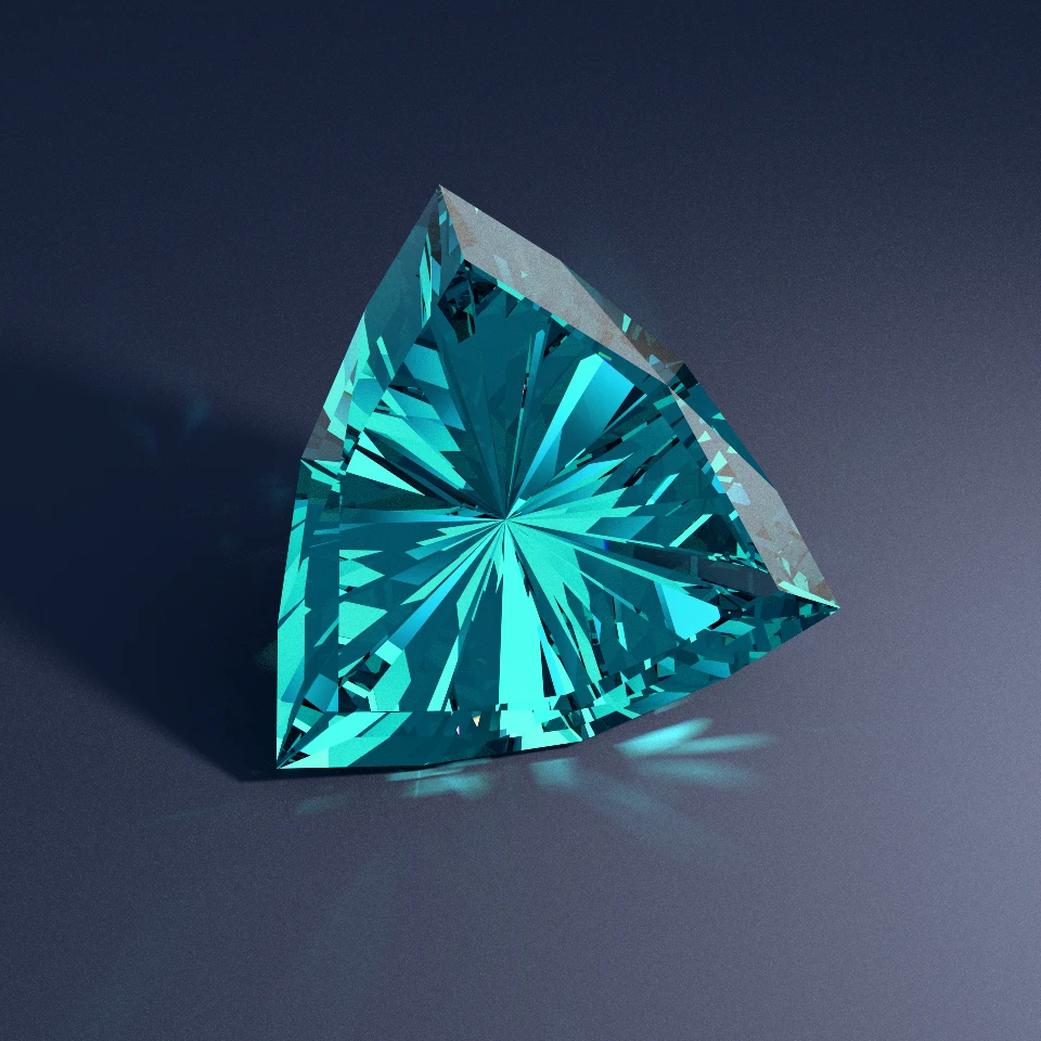 Path-traced electric Paraiba-lagoon Sapphire Showcase TriCurved trilliant Zenith Plume 688
