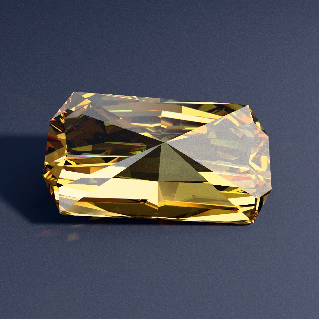 Path-traced Showcase step-cut emerald rectangle Crystal Glacier 961 showing broad architectural mirror halls with razor-sharp terrace boundaries