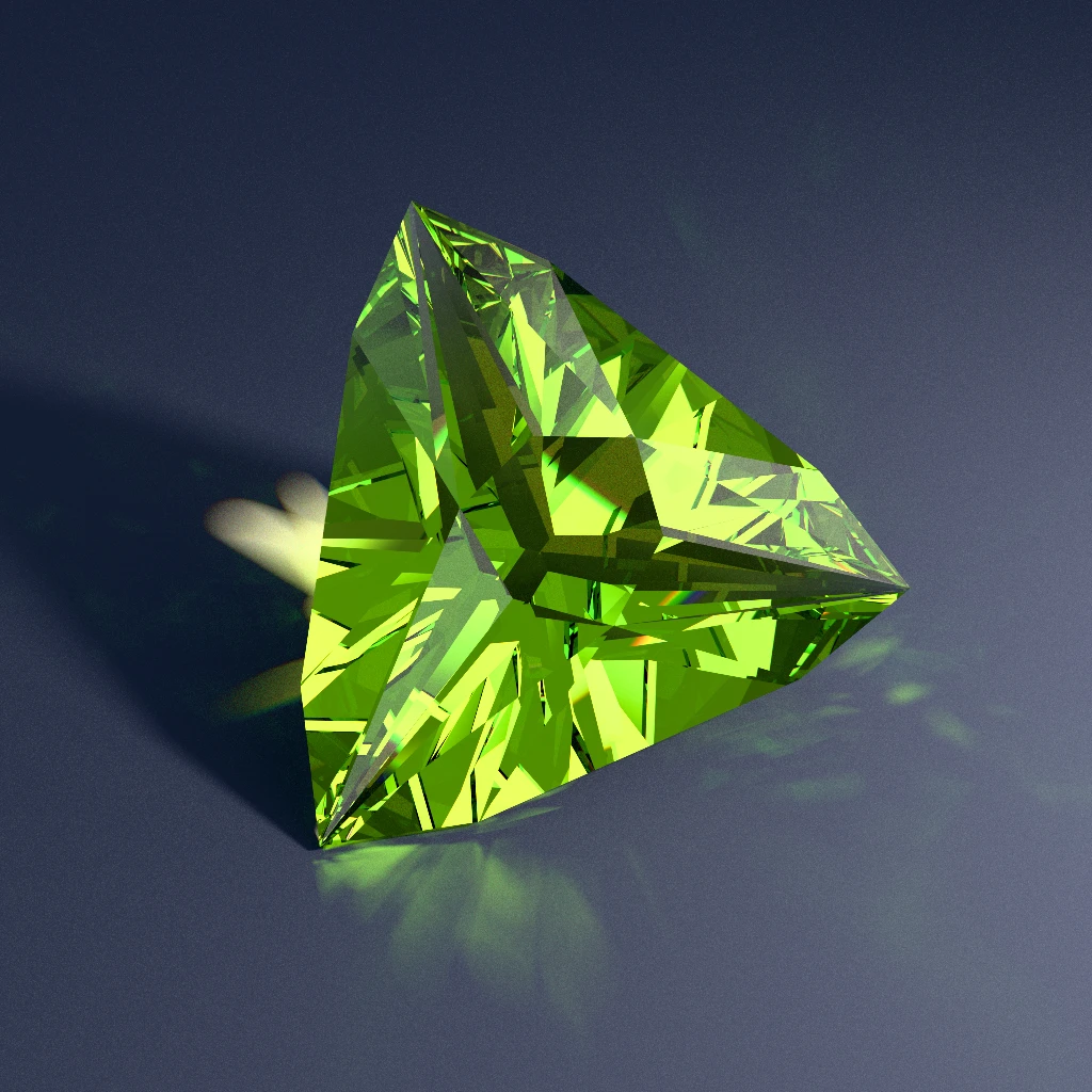 Path-traced Showcase RI 1.58 Beryl mirrored trilliant Enchanted Saga 308 demonstrating bold low-entropy graphic triangular flashes
