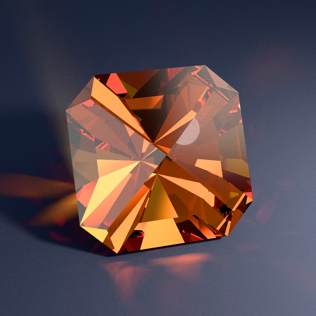 Path-traced Showcase RI 1.72 Spinel 30-facet truncated square Elysian Glint 618 showing nuanced architectural tonal steps