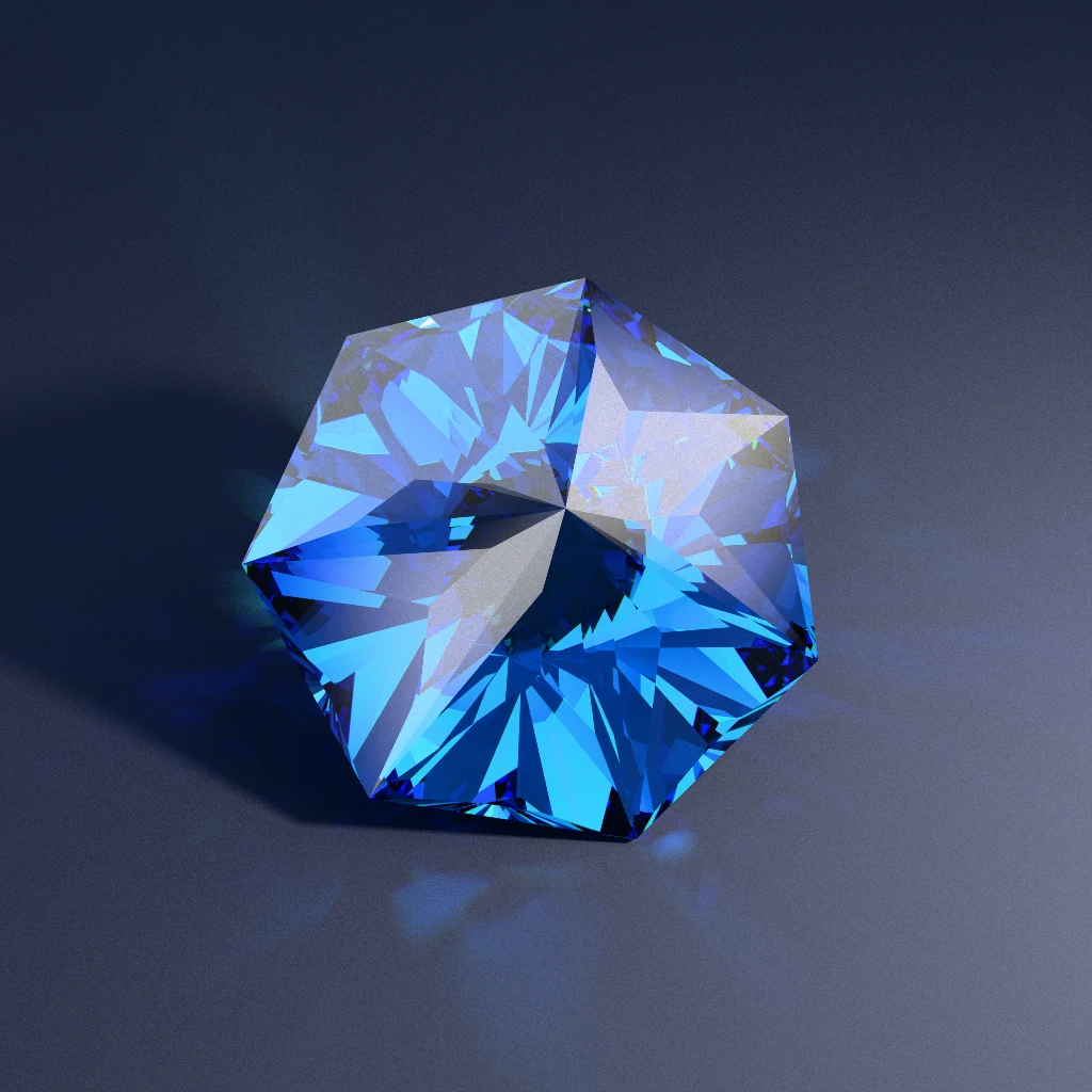 Fancy ice-blue RI 2.42 Diamond heptagon Glowing Grace 744 rendered with bidirectional path tracing on a dark studio surface