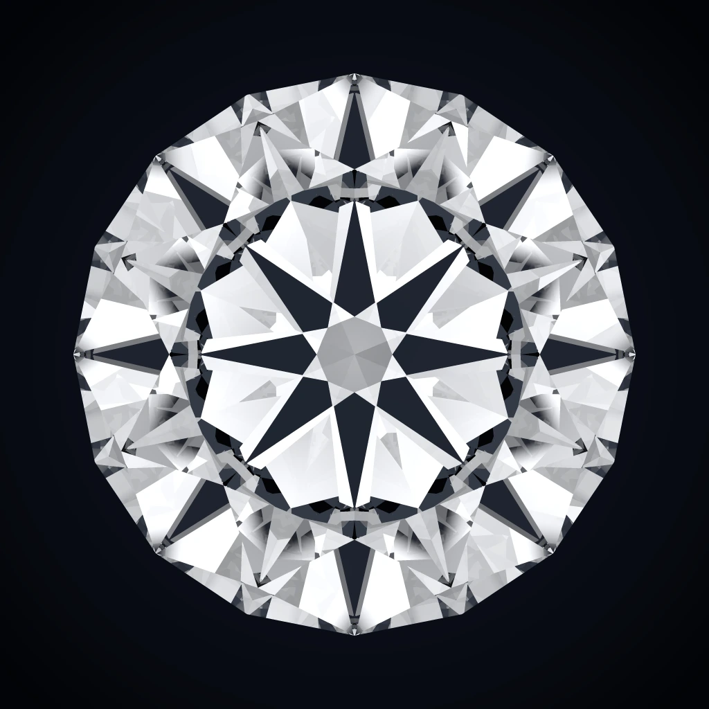 Overhead face-up ProFacet 3D Raytracer render with observer head shadow of Hearts and Arrows diamond at 0.00 degree perfect CAD symmetry