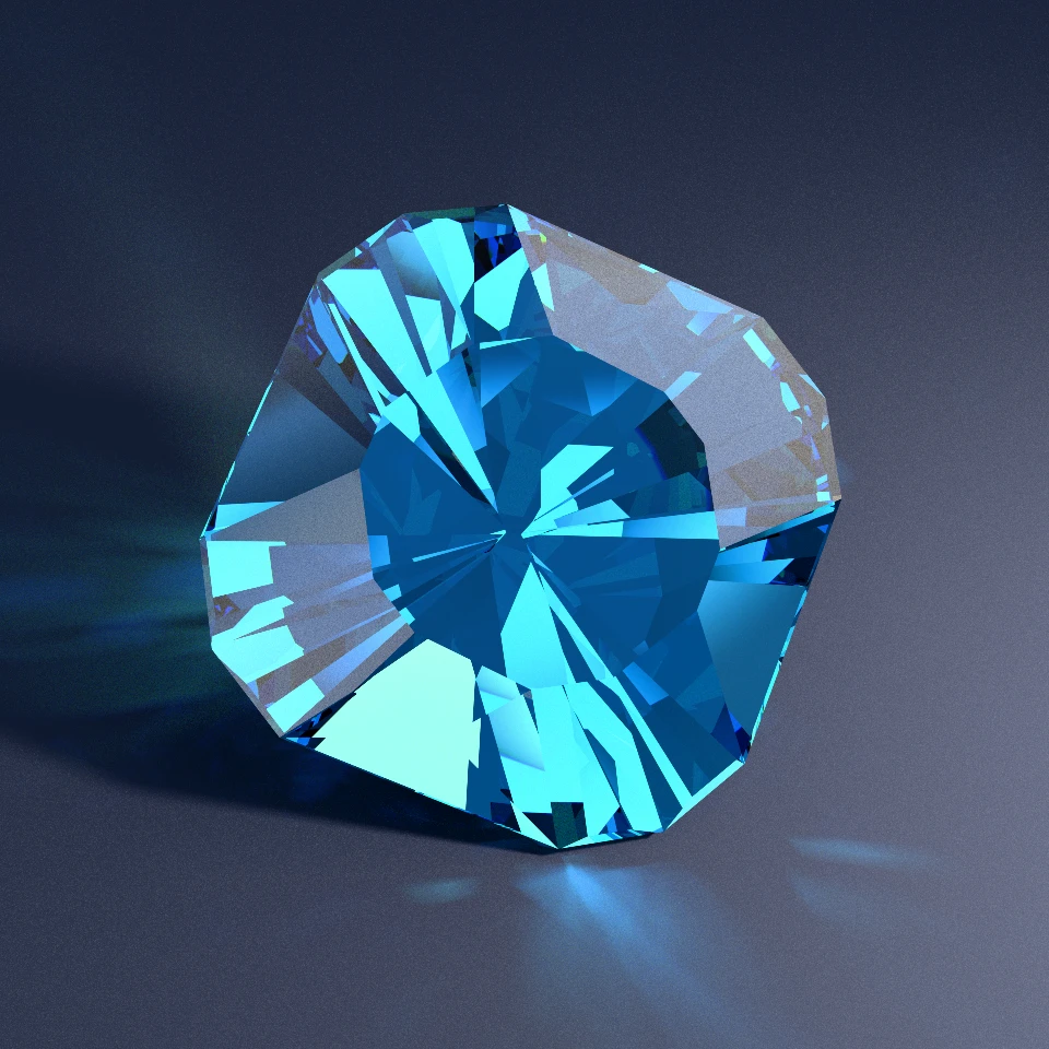 Path-traced Royal Ceylon Sapphire Showcase design Turquoise Ripple 562 resting on a dark studio surface with blue caustics