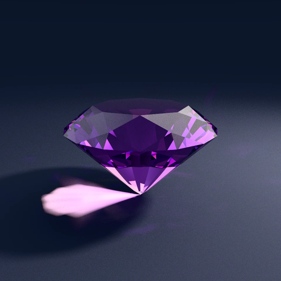 Three-quarter path-traced Amethyst Quartz RI 1.54 cut from broken Style I frozen depths showing completely obliterated zero-percent knife-edge waist