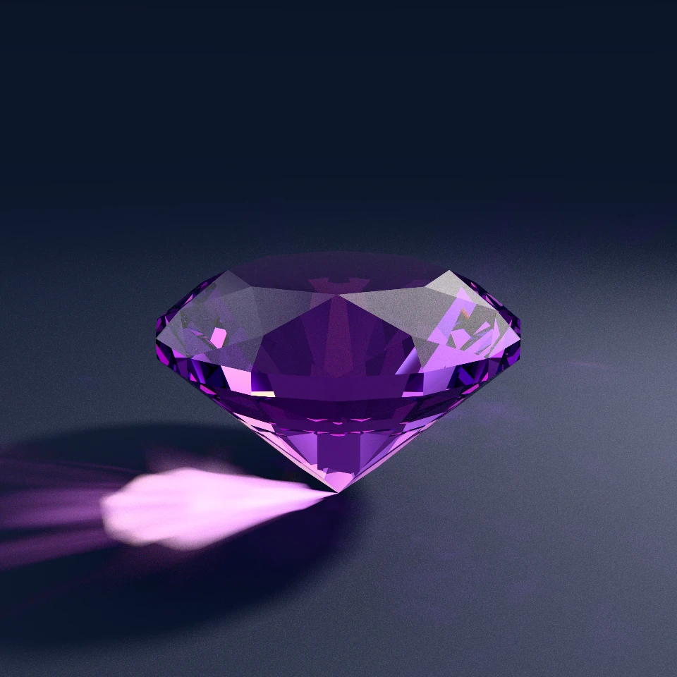 Three-quarter path-traced Amethyst Quartz RI 1.54 compiled from Style III proportion-locked FSL recipe showing crisp 5.39 percent vertical girdle band