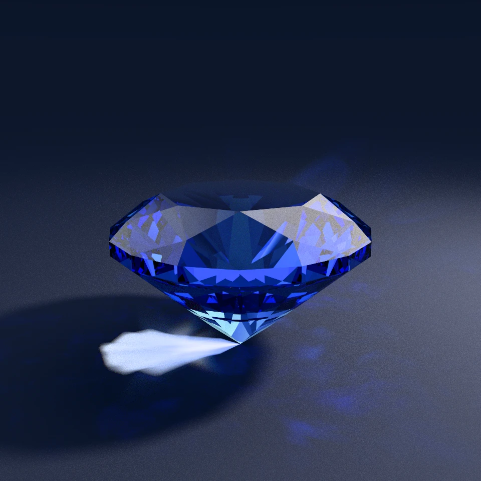 Three-quarter path-traced Royal Blue Sapphire RI 1.76 compiled from the exact same Style III proportion-locked FSL recipe showing identical 5.39 percent girdle and 60 percent table