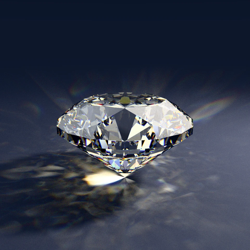 Three-quarter path-traced Colorless Diamond RI 2.42 compiled from the exact same Style III proportion-locked FSL recipe showing identical 5.39 percent girdle, 60 percent table, and spectral fire