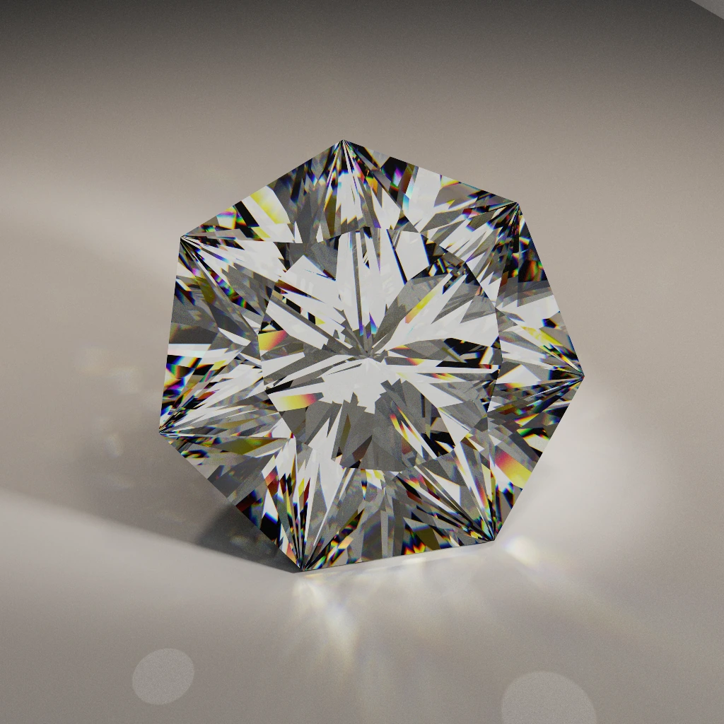 Colorless dispersive studio BDPT render of multi-bevel RI 2.67 heptagon Blazing Sunbeam 143