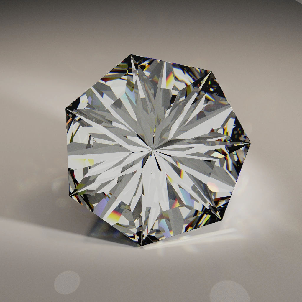 Colorless dispersive studio BDPT render of flat-table RI 2.67 heptagon Faceted Mirage 339