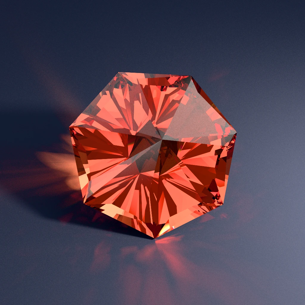 Seven-sided Padparadscha-toned Spinel heptagon Gossamer Luster 321 throwing warm 7-petal caustics across a dark studio table